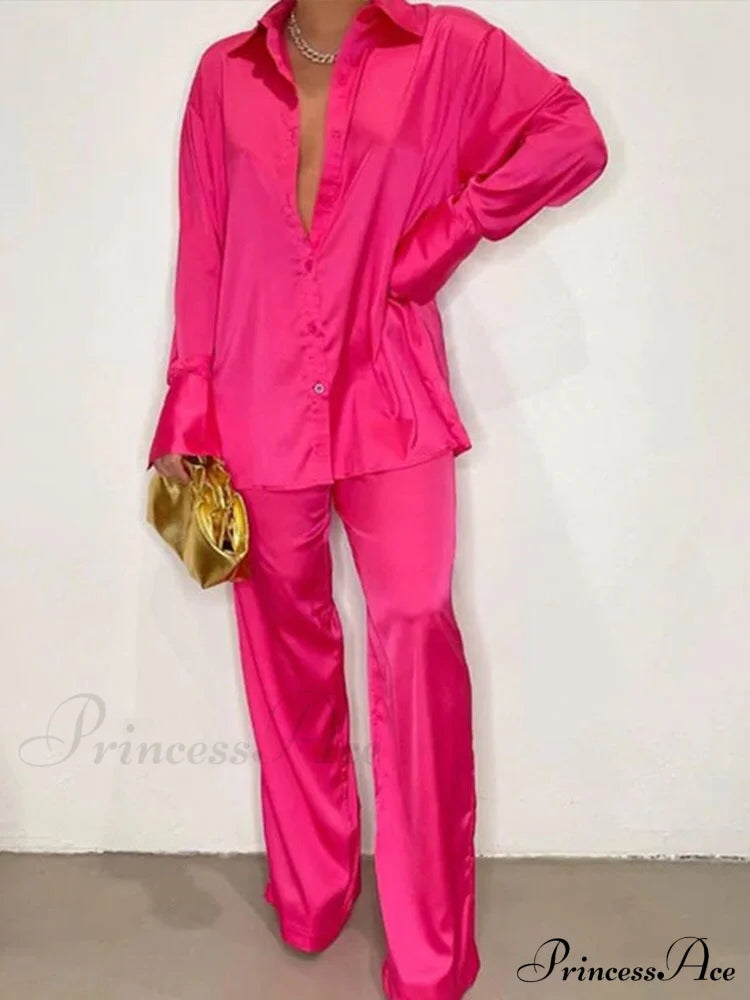 Casual - Set Elegant Long And With Outfit Wide Solid Two Piece Arm Blouse Leg Loose Satin Pants