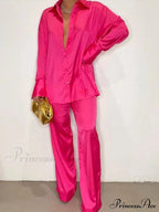 Casual - Set Elegant Long And With Outfit Wide Solid Two Piece Arm Blouse Leg Loose Satin Pants