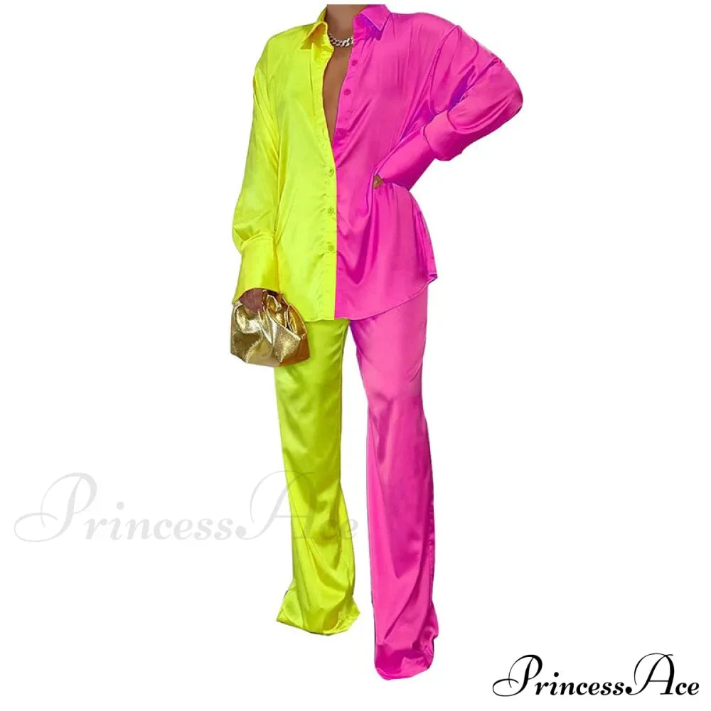 Casual - Set Elegant Long And With Outfit Wide Solid Two Piece Arm Blouse Leg Loose Satin Pants