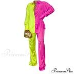 Casual - Set Elegant Long And With Outfit Wide Solid Two Piece Arm Blouse Leg Loose Satin Pants