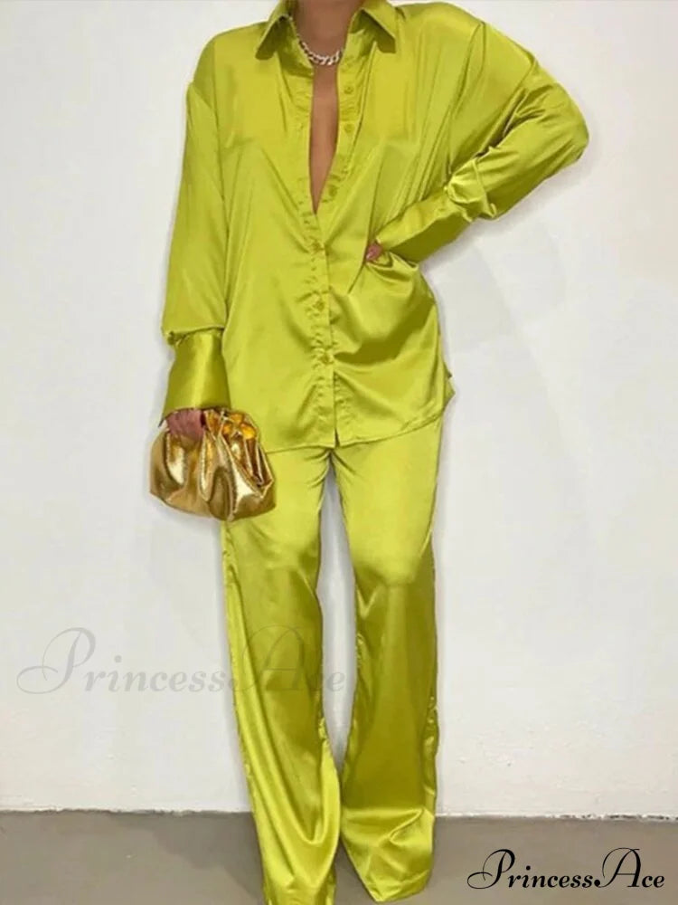 Casual - Set Elegant Long And With Outfit Wide Solid Two Piece Arm Blouse Leg Loose Satin Pants