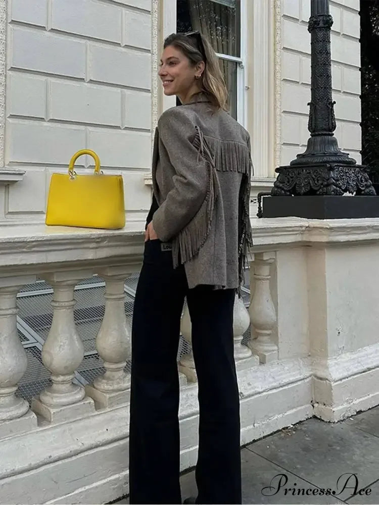 Casual Tassels Patchwork Long Sleeves Lapel Single Breasted Buckle Slim Stylish Coat