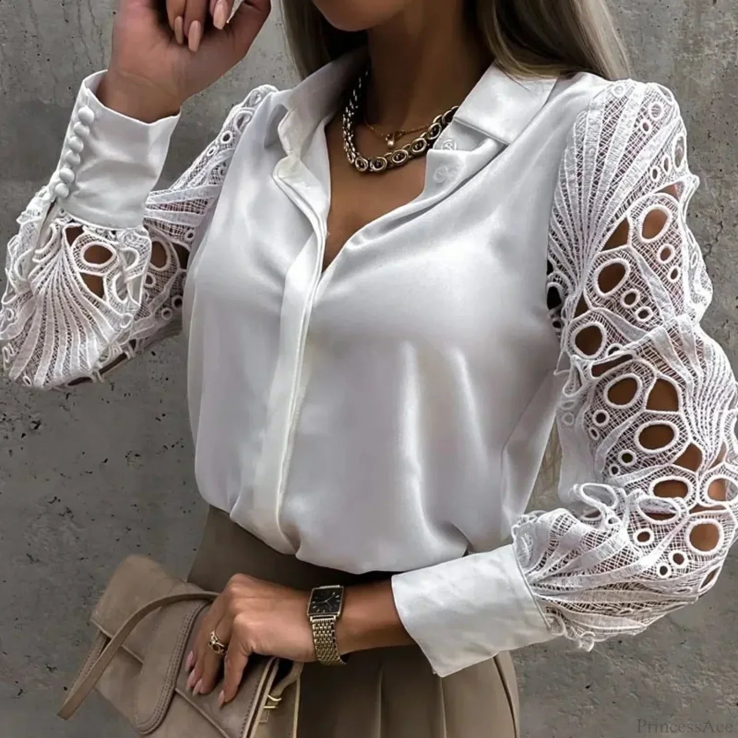 Casual White Lace Hollow-Out Button Blouse