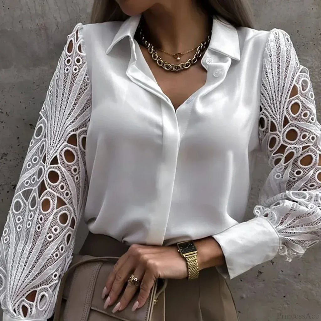 Casual White Lace Hollow-Out Button Blouse