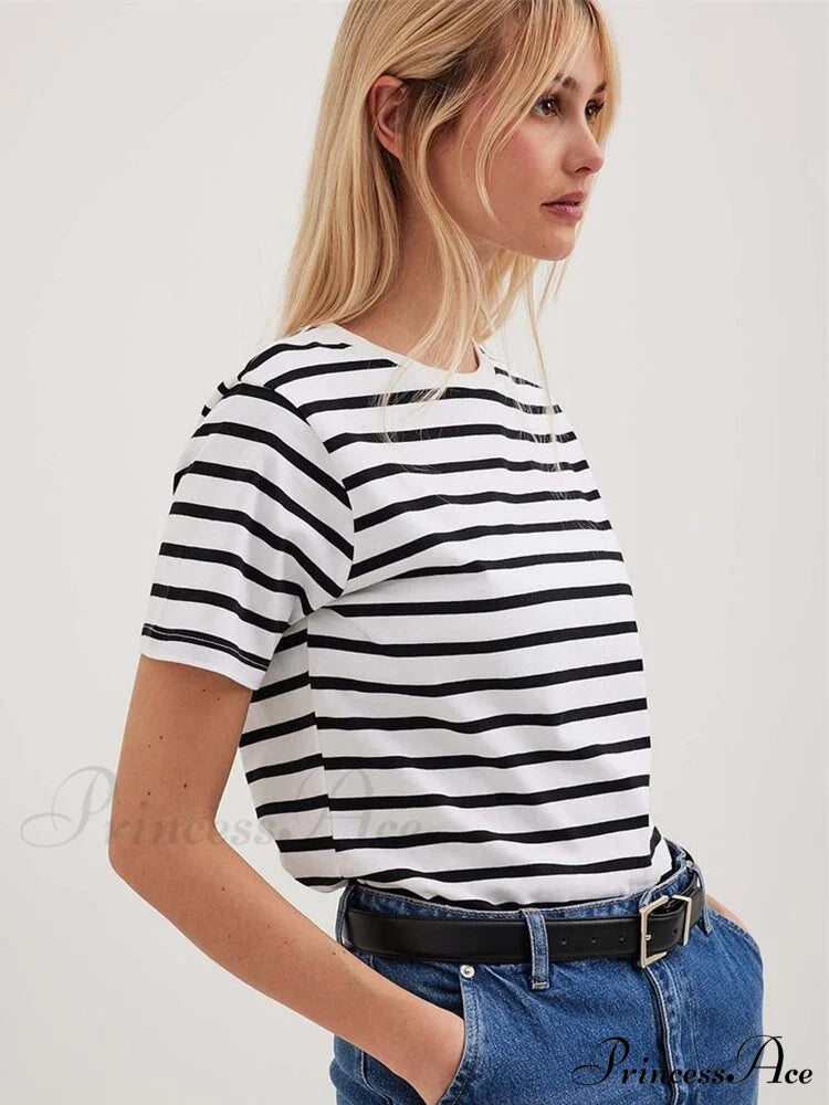 Casual Cotton Harajuku Neck Brief Warm-Season Arm Tops Striped O Loose Tee T-Shirt Style