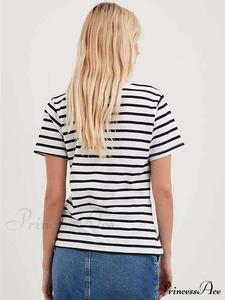 Casual Cotton Harajuku Neck Brief Warm-Season Arm Tops Striped O Loose Tee T-Shirt Style