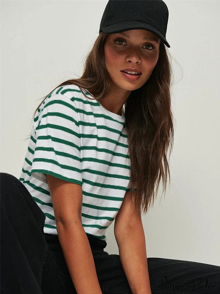 Casual Cotton Harajuku Neck Brief Warm-Season Arm Tops Striped O Loose Tee T-Shirt Style