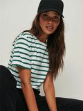 Casual Cotton Harajuku Neck Brief Warm-Season Arm Tops Striped O Loose Tee T-Shirt Style