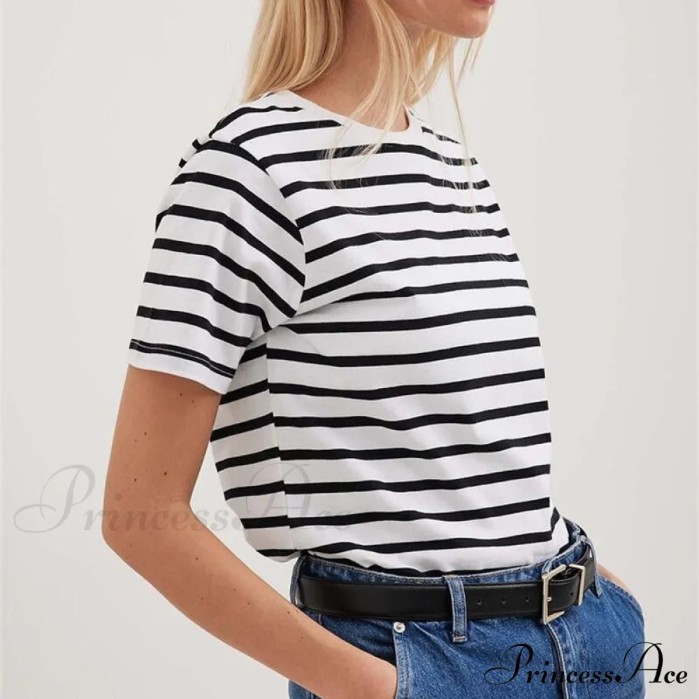 Casual Cotton Harajuku Neck Brief Warm-Season Arm Tops Striped O Loose Tee T-Shirt Style