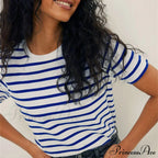 Casual Cotton Harajuku Neck Brief Warm-Season Arm Tops Striped O Loose Tee T-Shirt Style