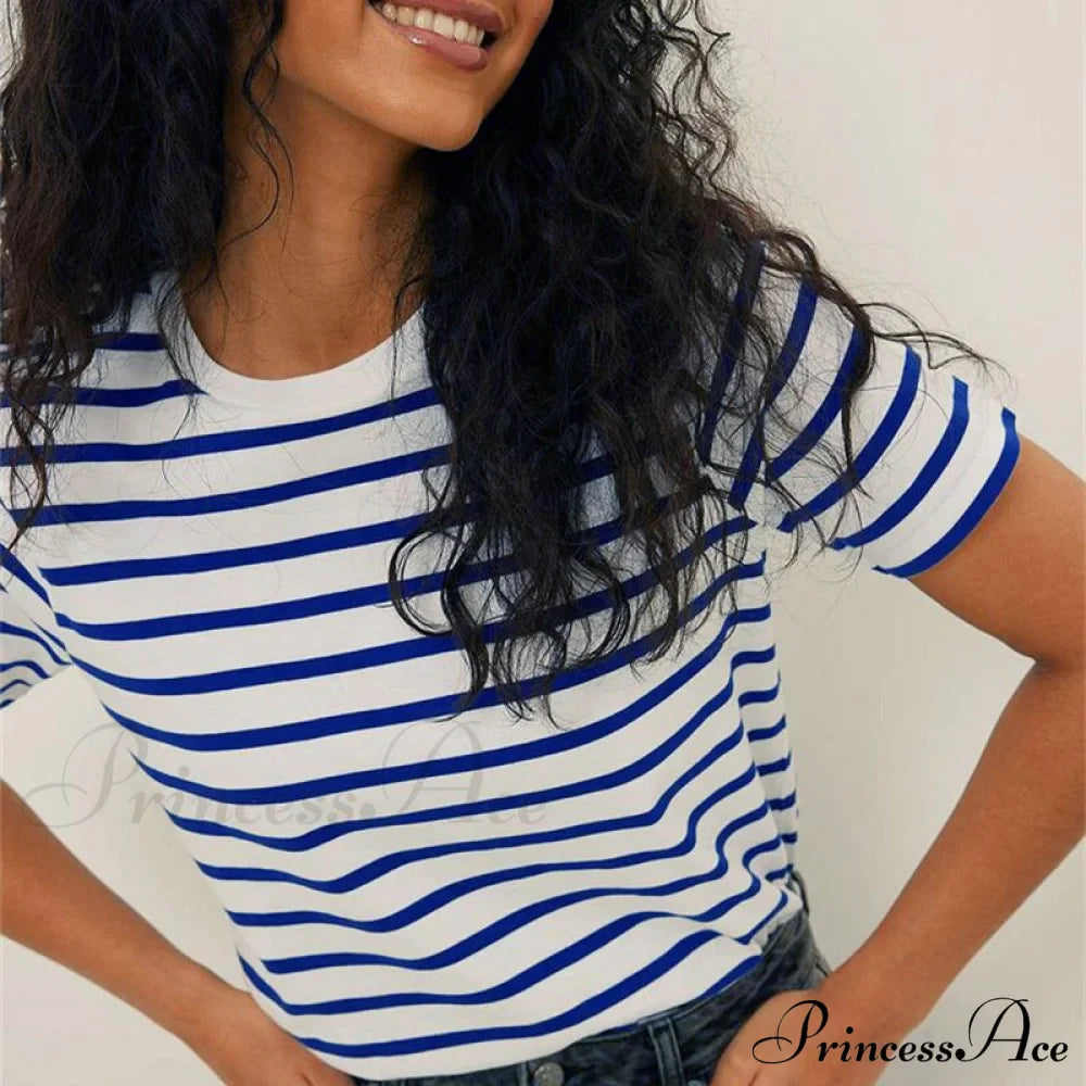 Casual Cotton Harajuku Neck Brief Warm-Season Arm Tops Striped O Loose Tee T-Shirt Style