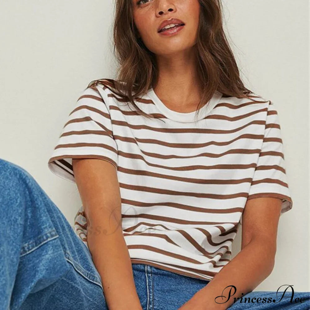 Casual Cotton Harajuku Neck Brief Warm-Season Arm Tops Striped O Loose Tee T-Shirt Style