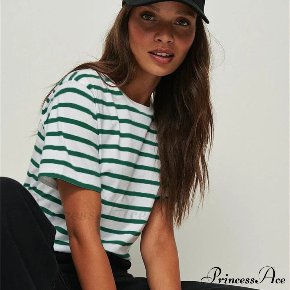 Casual Cotton Harajuku Neck Brief Warm-Season Arm Tops Striped O Loose Tee T-Shirt Style