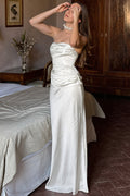 Solid Satin Shirred Strapless Elegant Maxi Dress