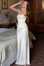 Solid Satin Shirred Strapless Elegant Maxi Dress