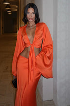Tie Long Sleeve V Neck Skirt Set