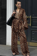 Printed Long-Sleeve Shirt Belted Wide-Leg Pants Two Piece Set