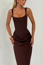 Ruched Spaghetti Strap Boned Waist Cinching Bodycon Maxi Dress