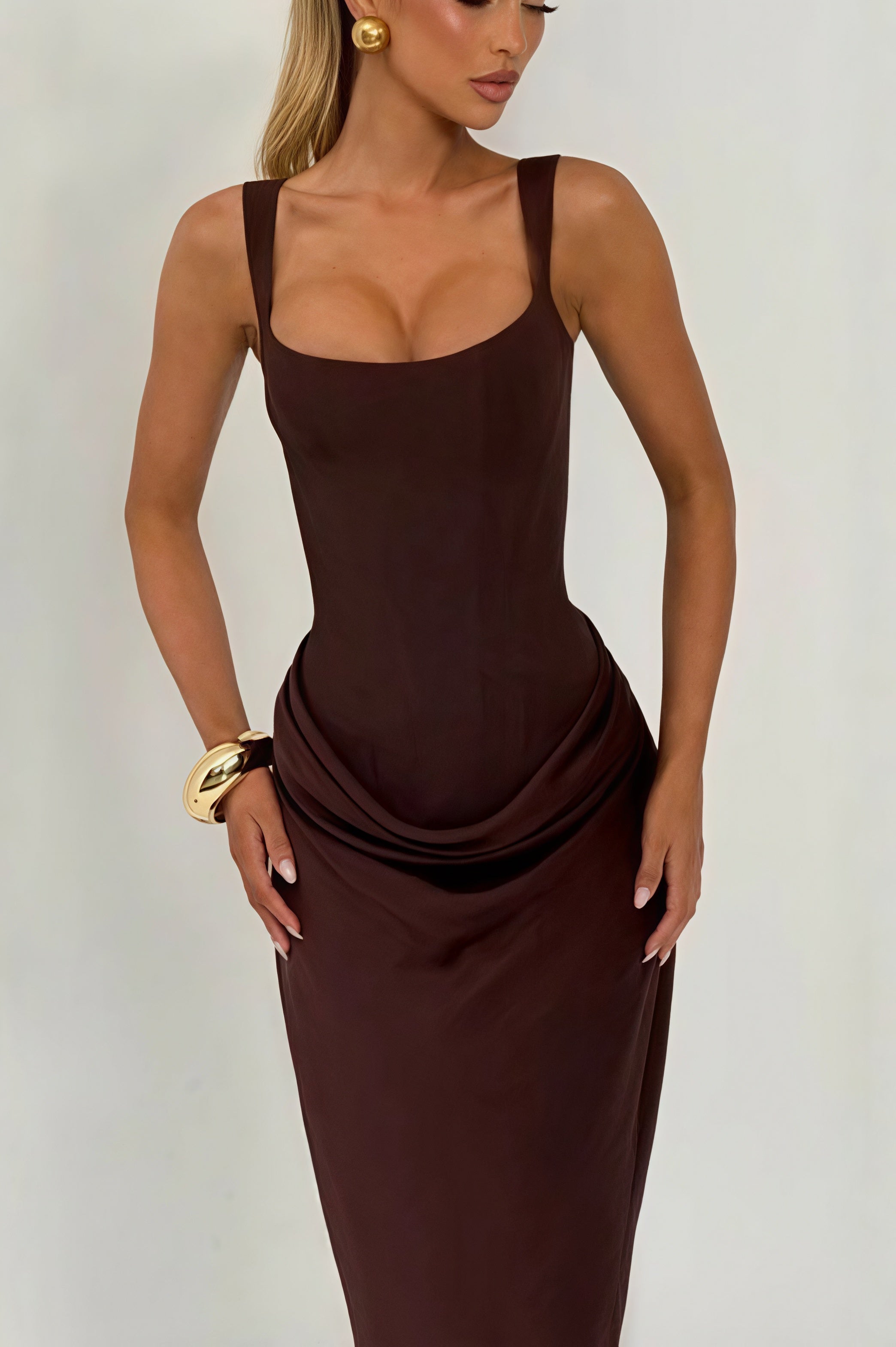 Ruched Spaghetti Strap Boned Waist Cinching Bodycon Maxi Dress