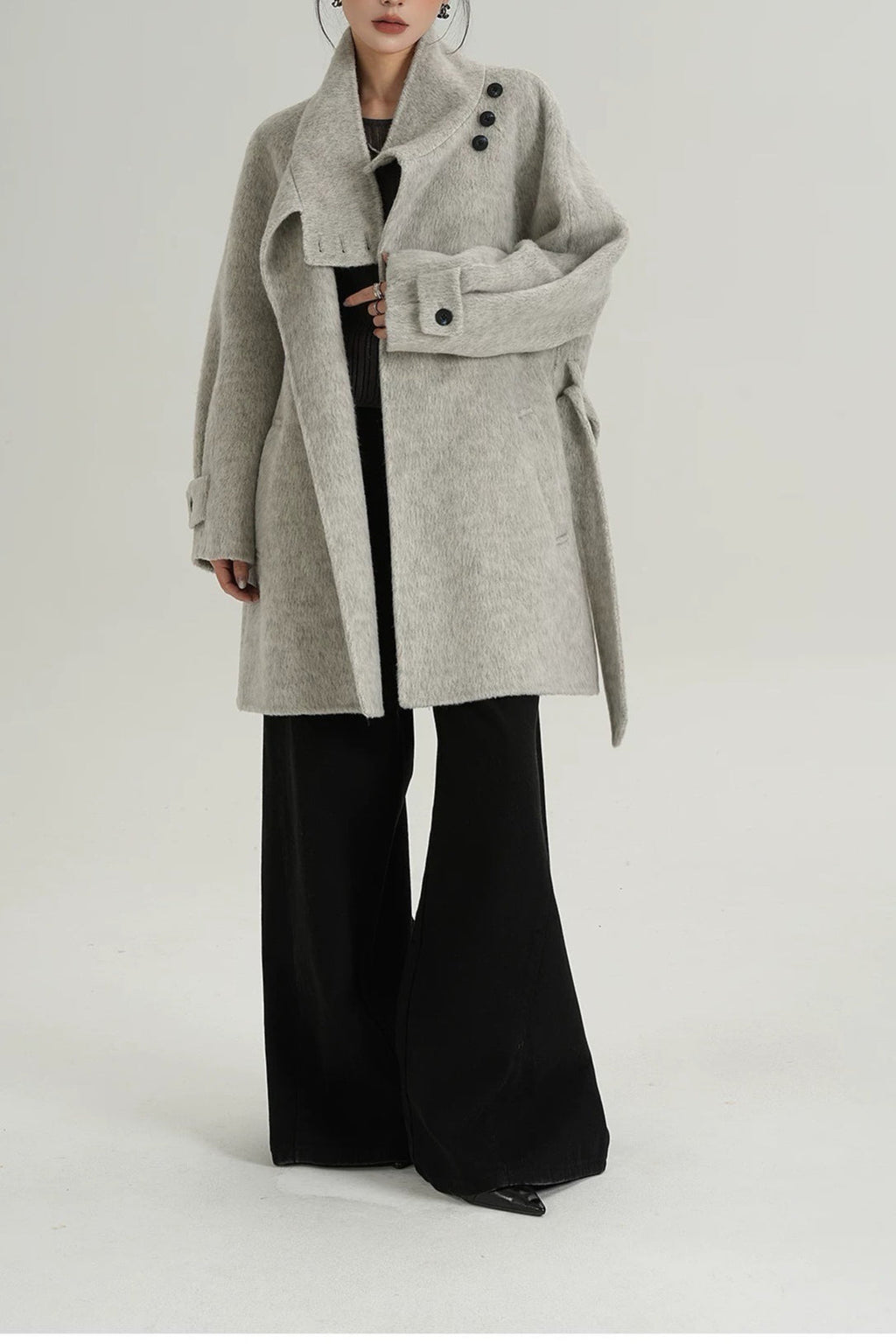 Solid Wool Warm Loose Mock-Neck Coat