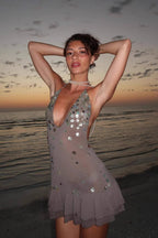 Halter Backless Sequin Ruffle Mini Dress