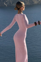 Elegant Deep V-Neck Long Sleeve Bodycon Maxi Dress