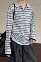 Soft Wool Striped Polo Collar Long Sleeve Tee