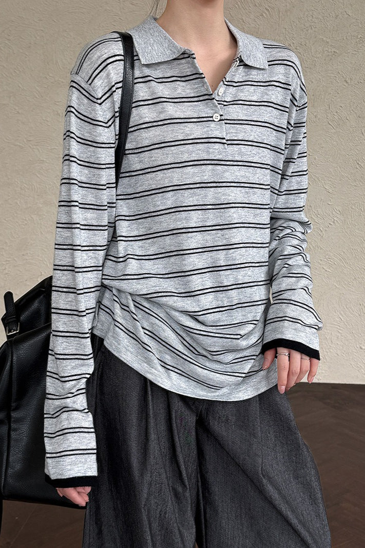 Soft Wool Striped Polo Collar Long Sleeve Tee