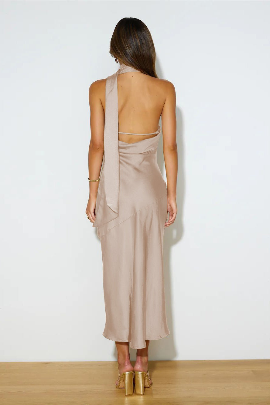 Satin Slit Hem Backless Midi Dress