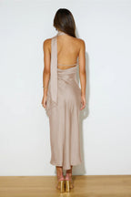 Satin Slit Hem Backless Midi Dress