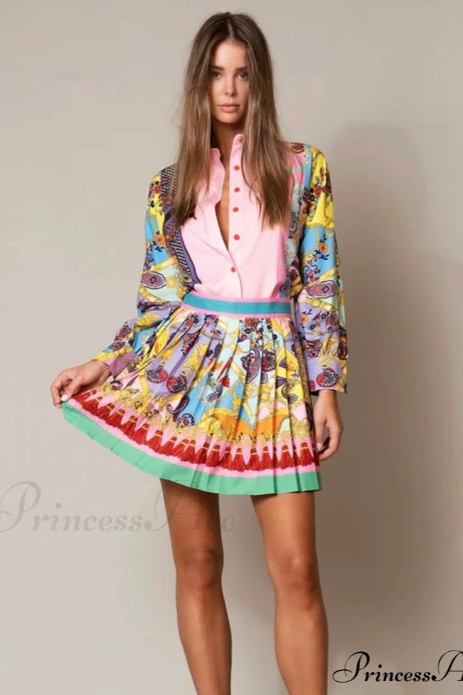Floral Print Blouse And Pleated Skirt Set