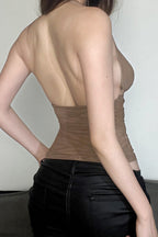 V Neck Halter Mesh Ruched Tank Top