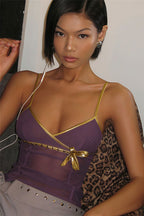 Solid Slim Stylish Sheer Bow Purple Cami Top