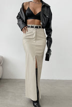 Khaki Pu Leather High Waist Split Midi Skirt