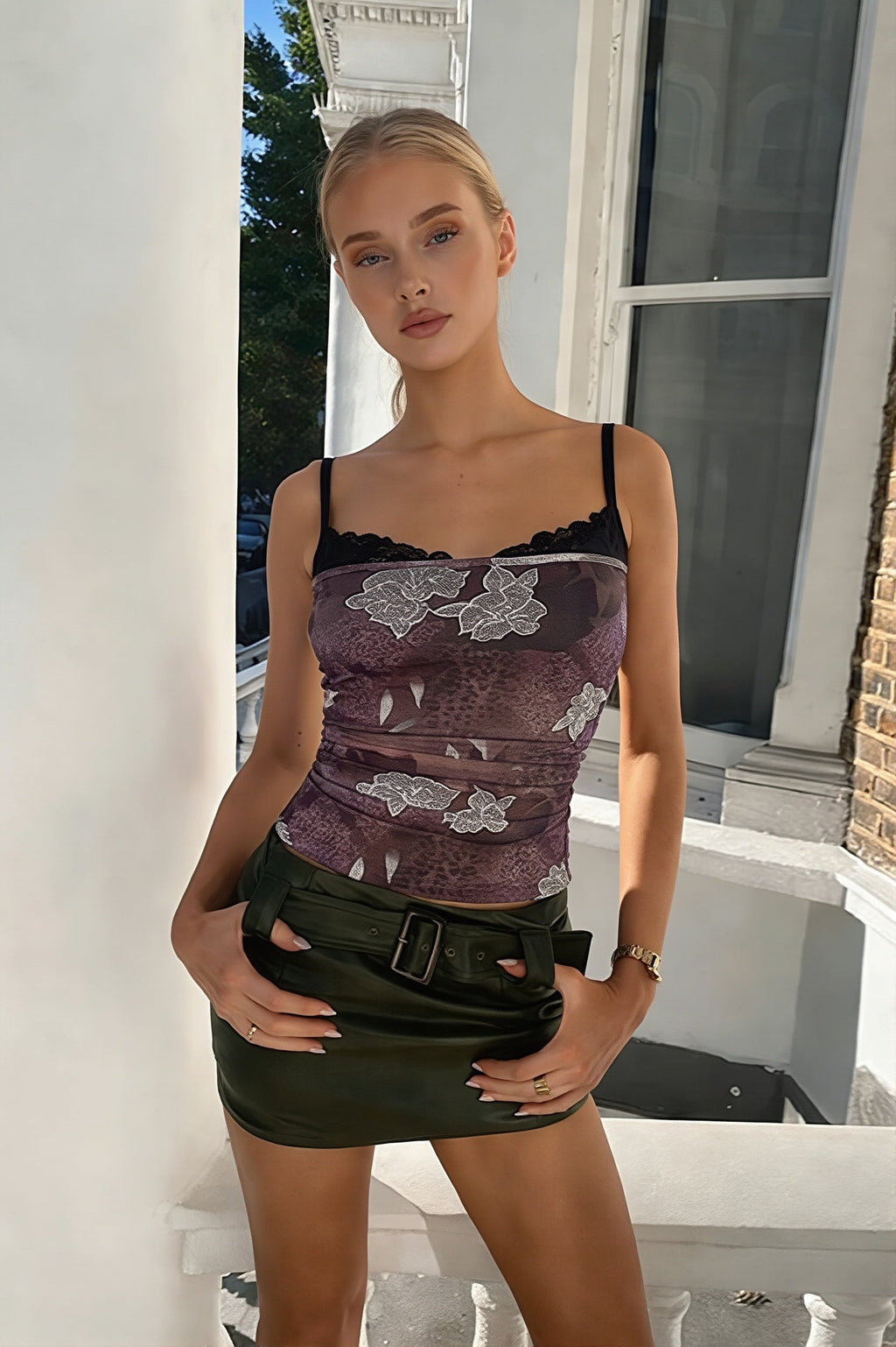 Lace Trim Print Panel Everyday Cami Top