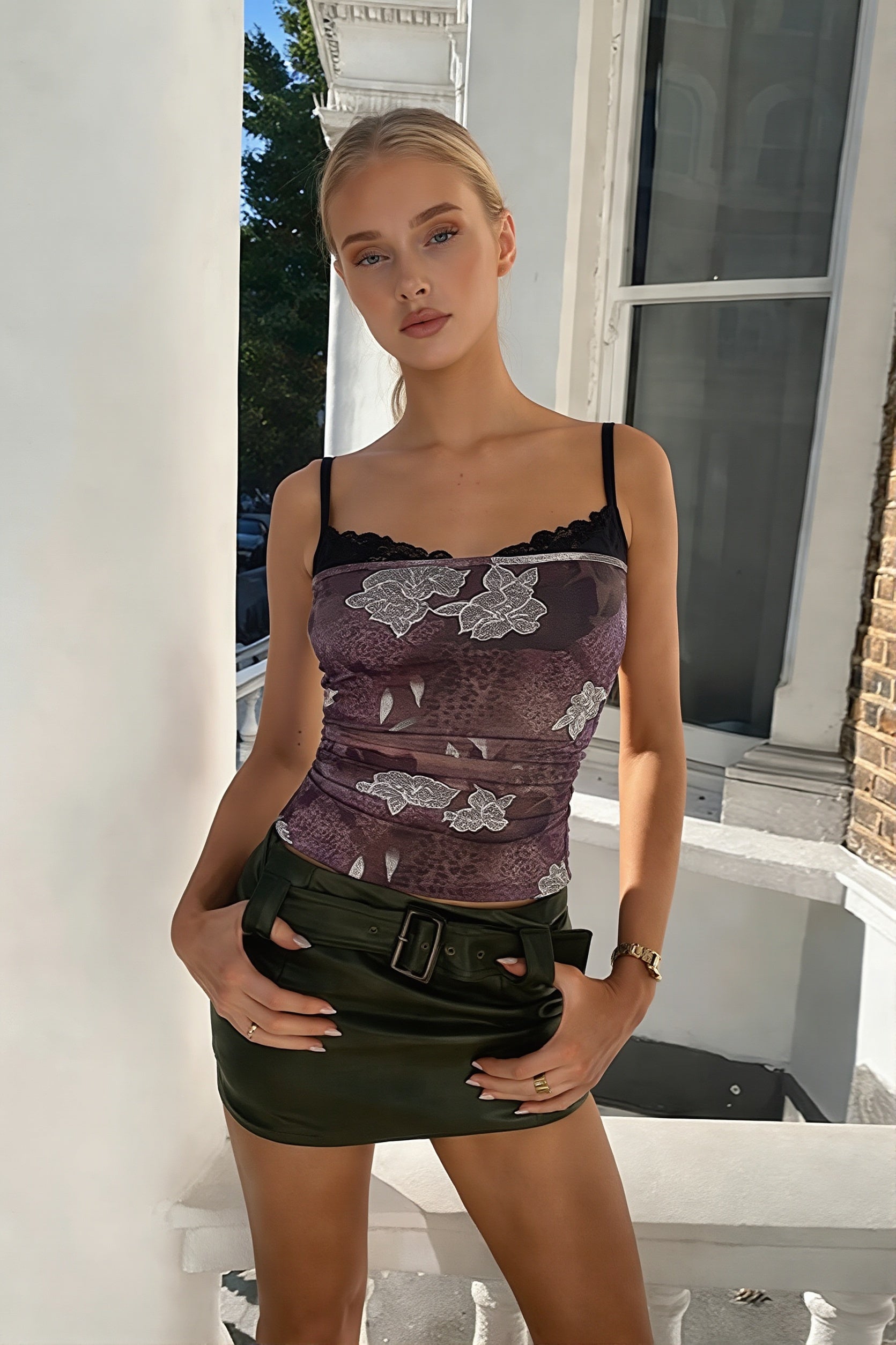 Lace Trim Print Panel Everyday Cami Top