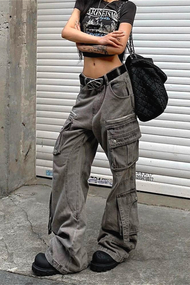 Streetwear Multi-Pocket Cargo Washed Jeans