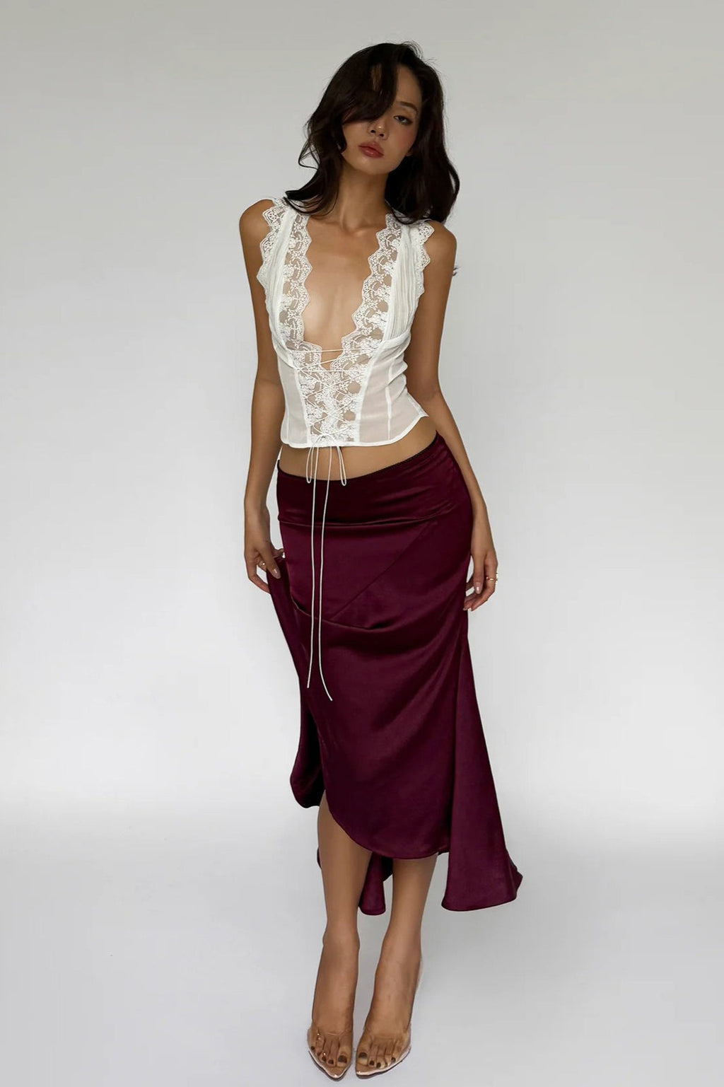 Lace Trim Tie Back Slim Skirt Set