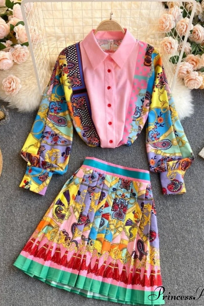 Floral Print Blouse And Pleated Skirt Set
