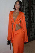 Tie Long Sleeve V Neck Skirt Set