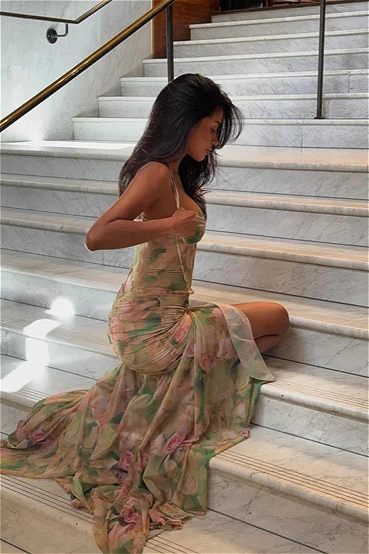 High Waist Split Floral Dress