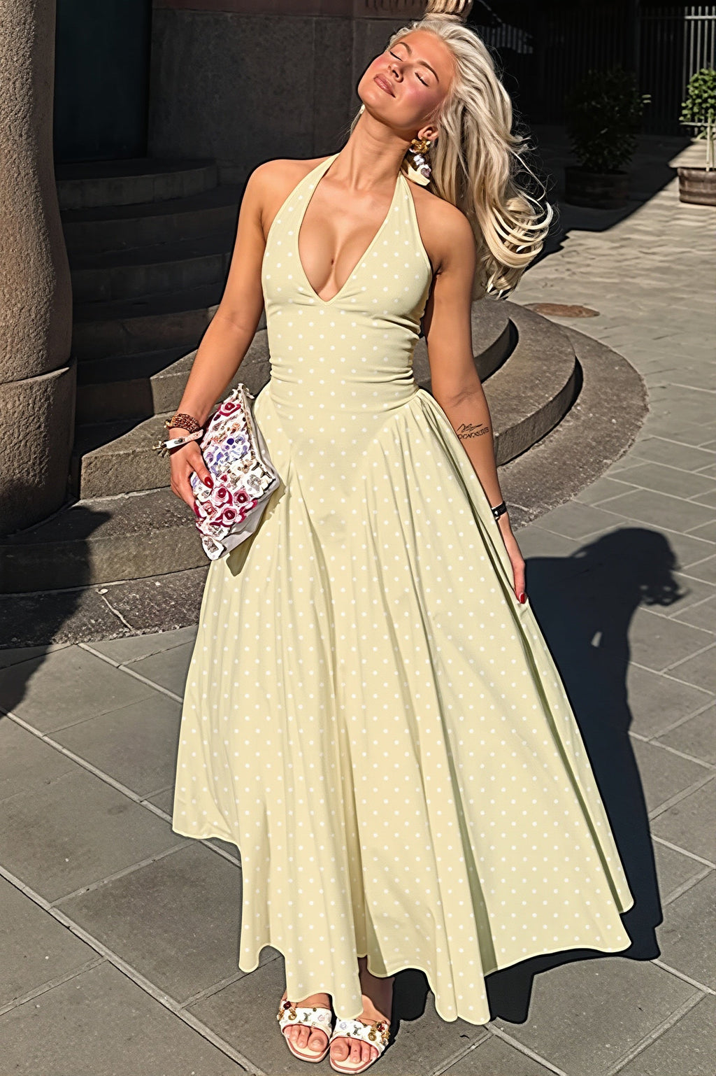 Polka Dot Halter Deep V High Rise Maxi Dress