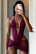 Wine Red Lace Up Beaded Backless One Piece Swimwear