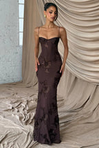 3D Applique Bone Pad Tie Back Solid Prom Dress