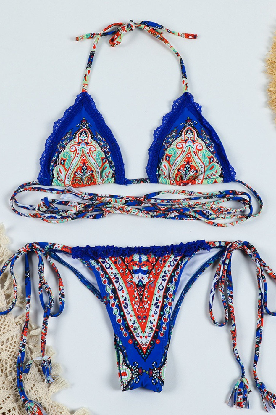Printed Tie Up Lace Two Piece Swim Set