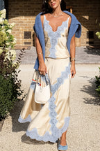 Satin Lace Splice Cami Casual Skirt Set