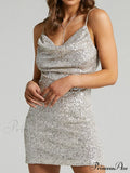 Chain Strap Sequin Sleeveless V Neck Backless Split A Line Dress