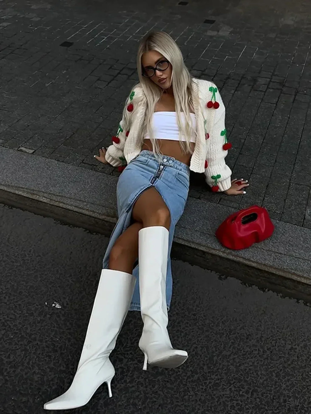 Cherry Decorated V-Neck Cardigan Sweater