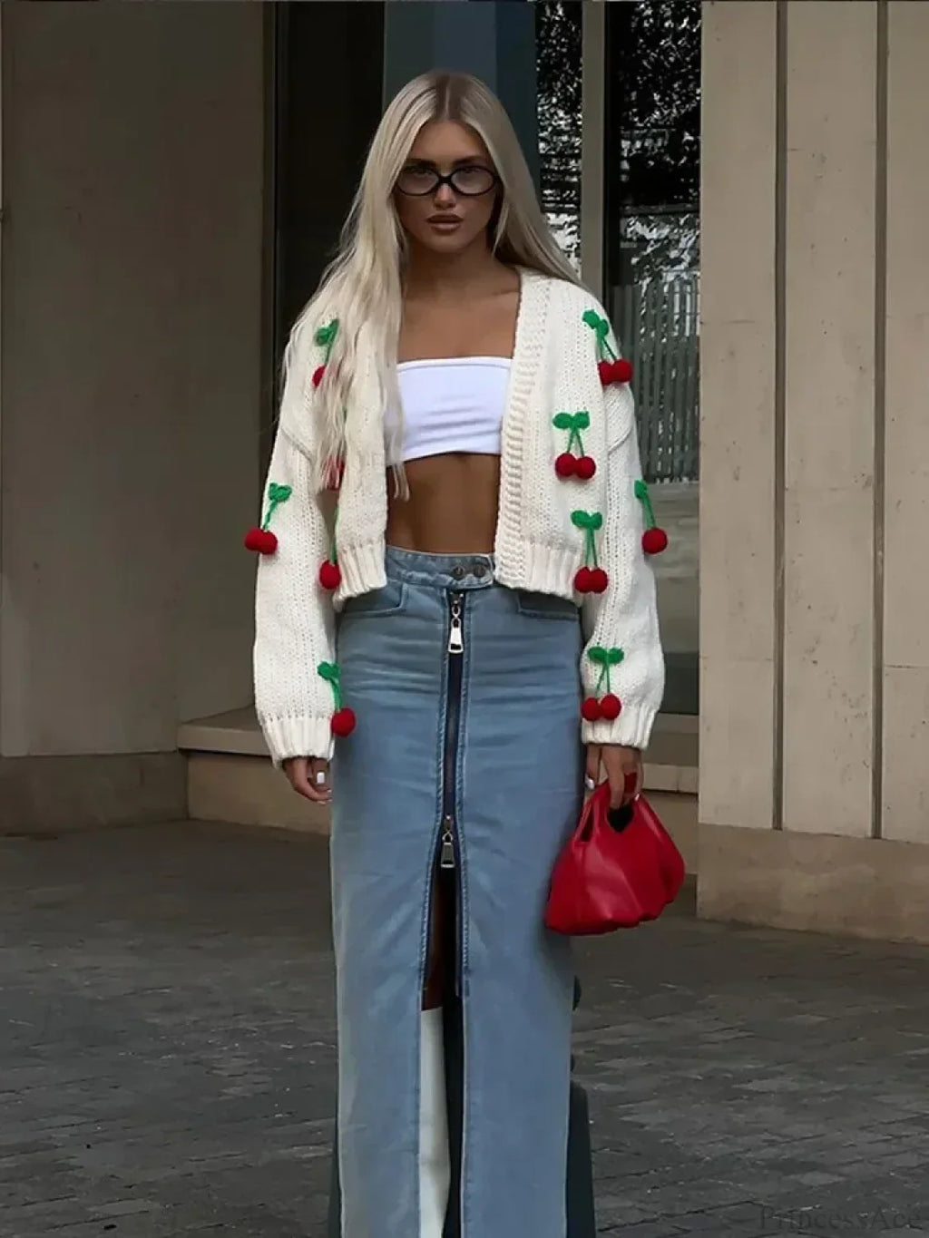 Cherry Decorated V-Neck Cardigan Sweater