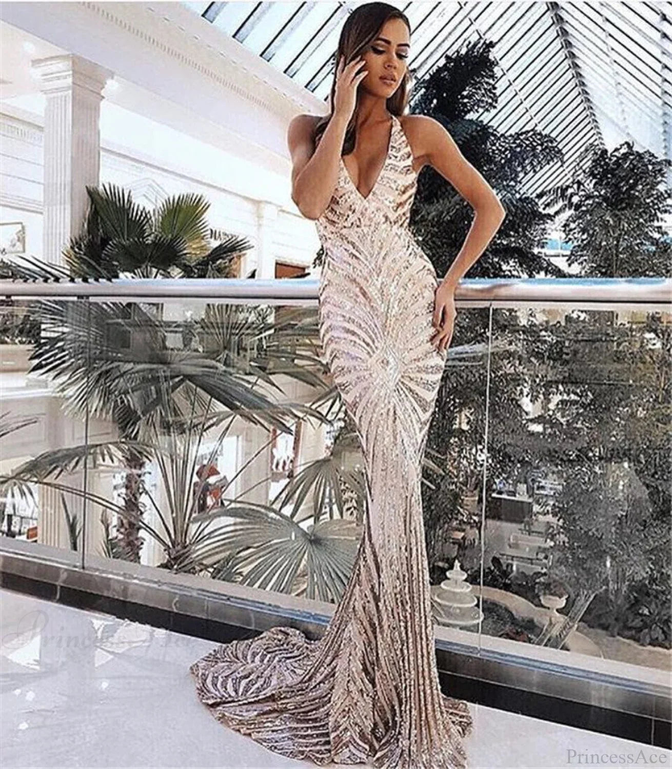 Backless Lace Sequin Prom Dress